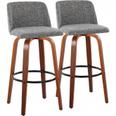 Toriano 30" Swivel Bar Stool in Walnut Wood & Grey Noise Fabric with Black Footrest (Set of 2)